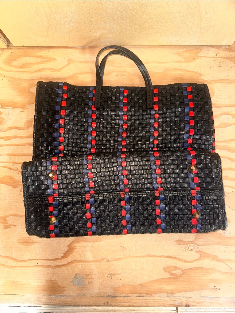 CLARE V. Woven Black Tote with Red and Navy Accent Stripes - Picture 4 of 12